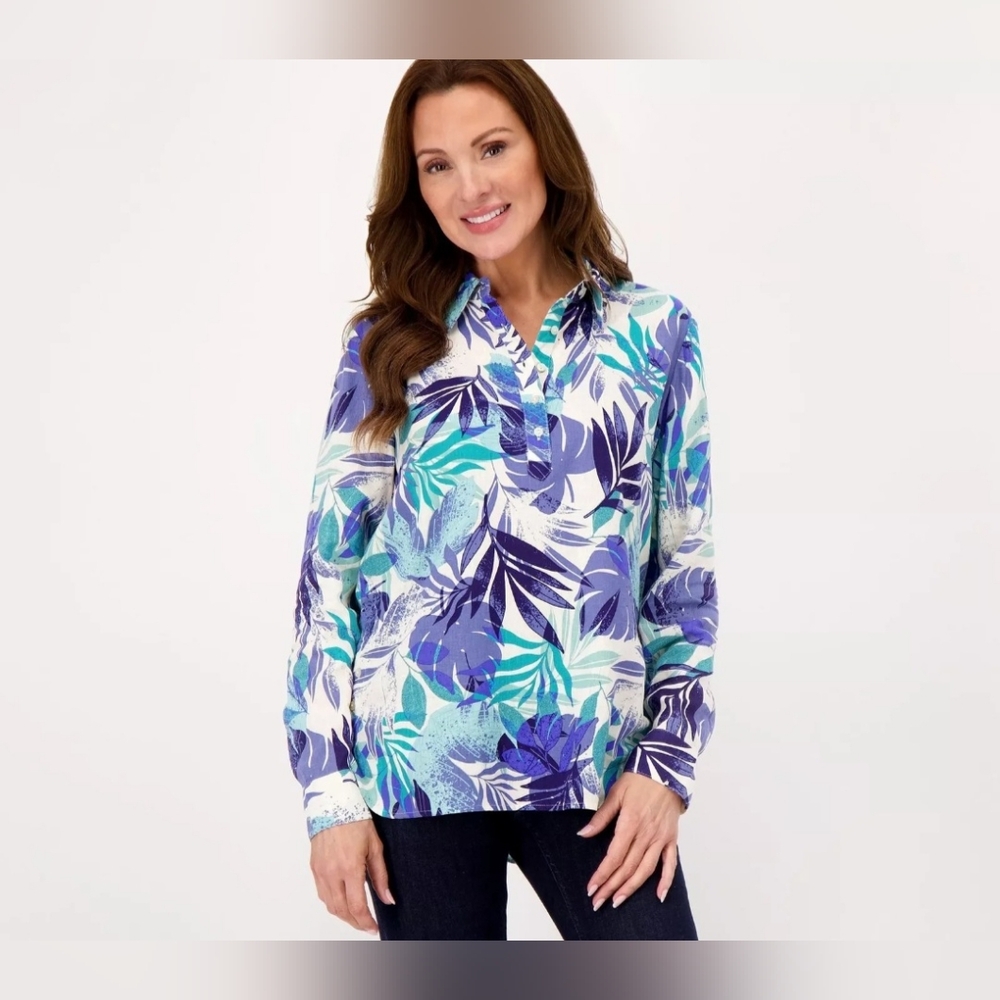 Denim & Co. Naturals‎ Linen Blend Side Button Curved Hem Shirt Women's Size S